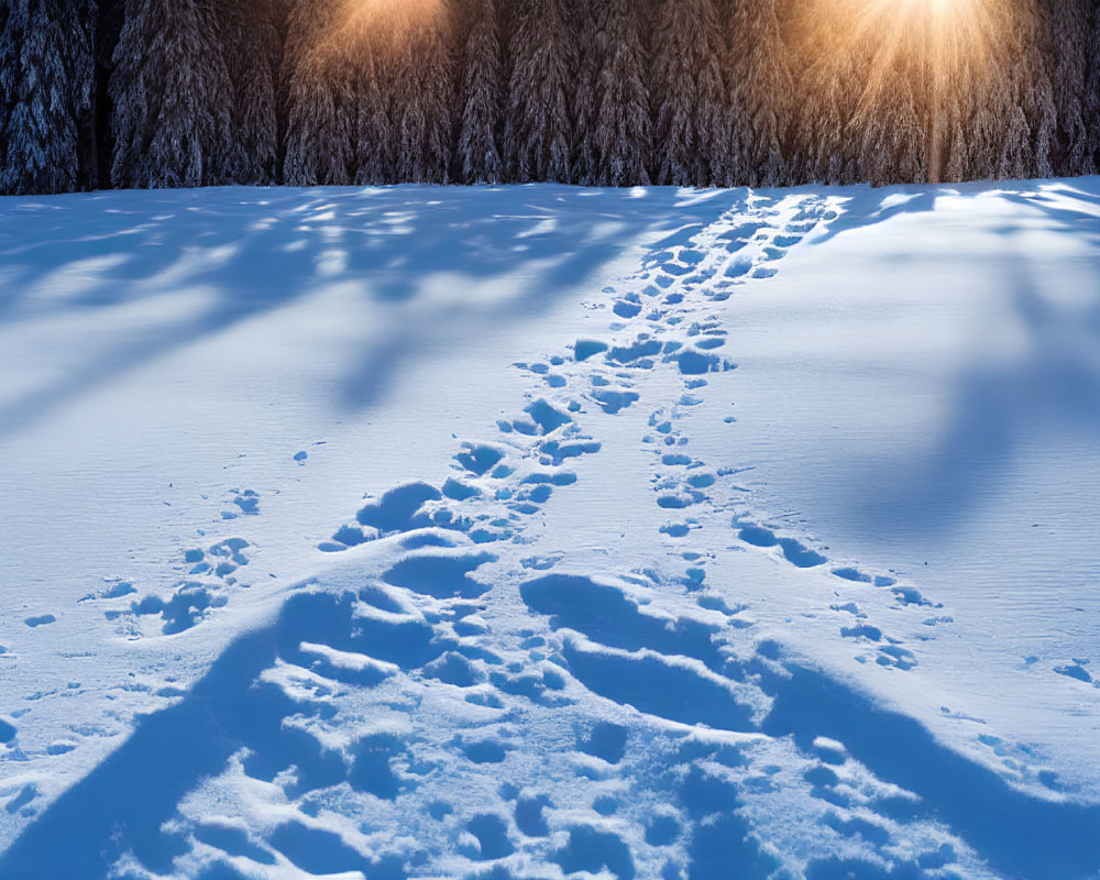 Snowy landscape with footprints, elongated tree shadows, and warm sunlight glow