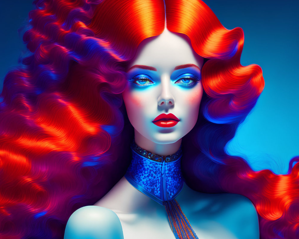 Colorful portrait of woman with blue skin and red hair on blue backdrop