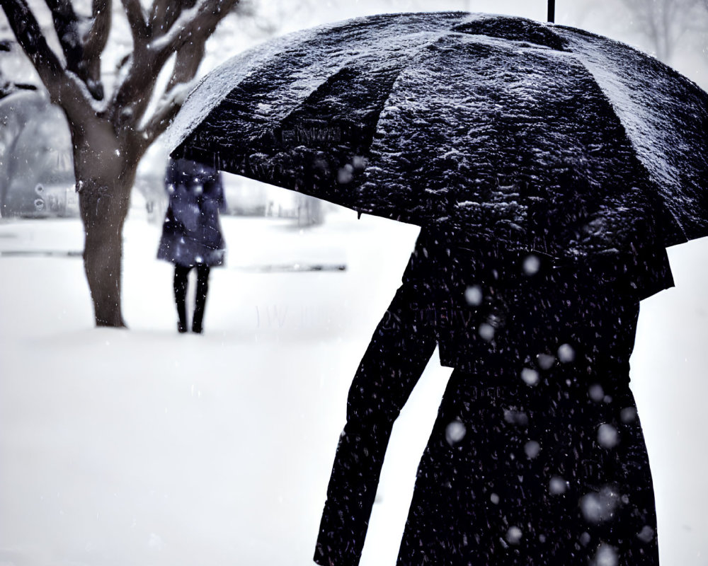 Silhouette of Person with Umbrella in Snowfall