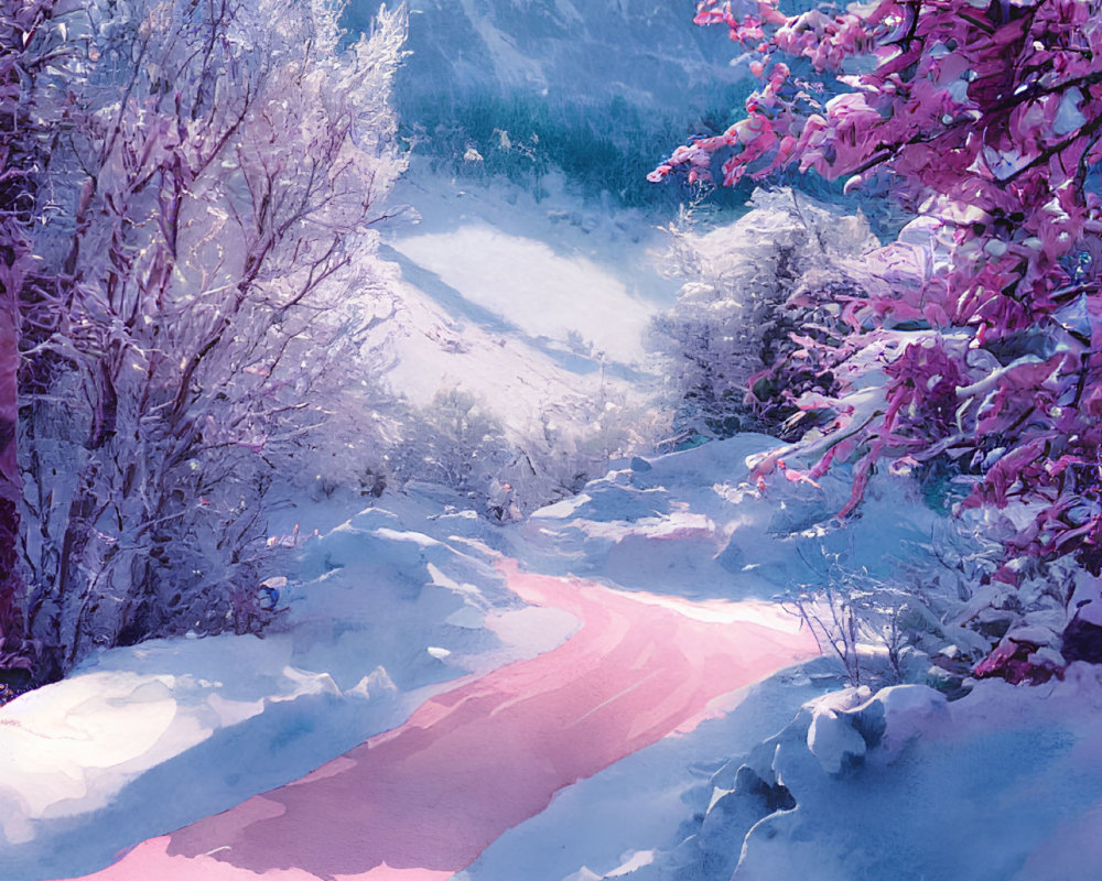 Snowy landscape with pink path among frost-covered trees