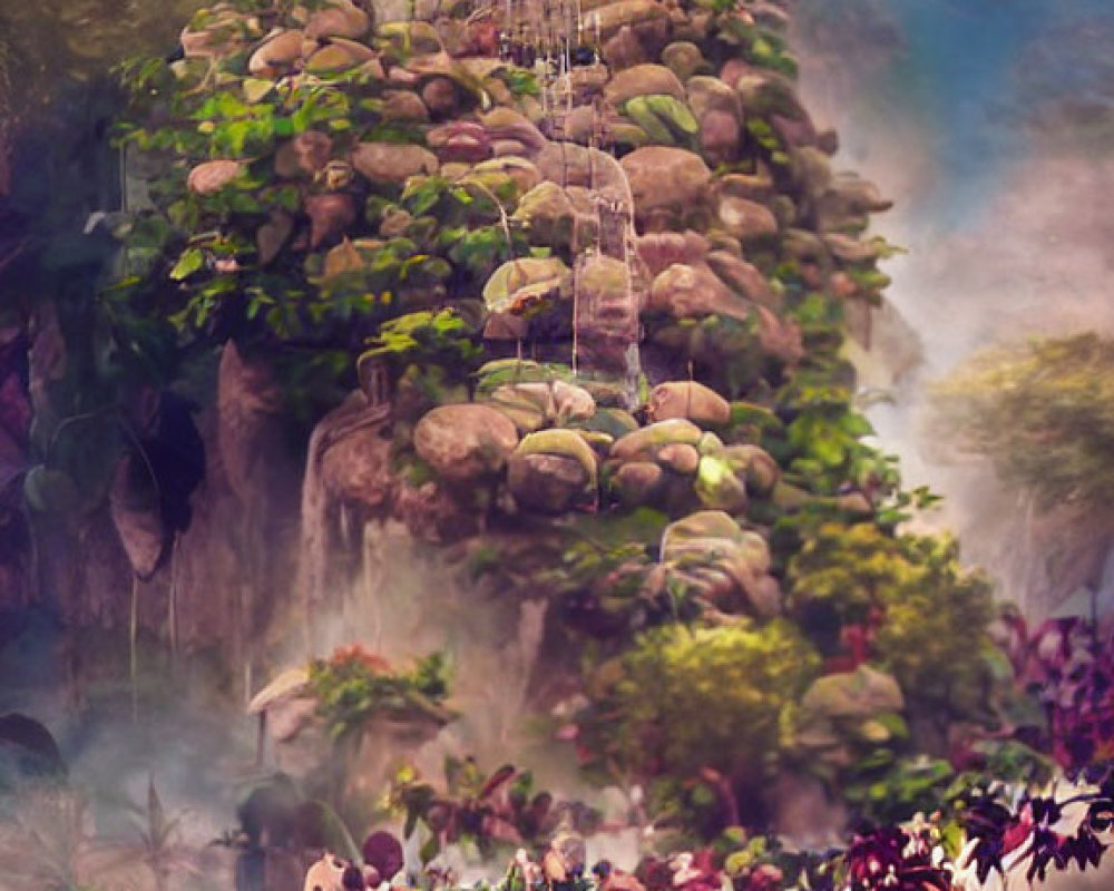 Fantastical floating garden with lush vegetation, flowers, waterfalls, and suspended bridges.