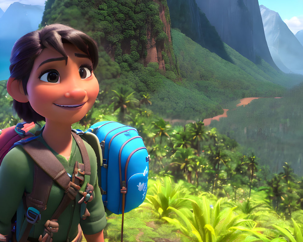 Animated character with backpack in lush landscape with cliffs and forest.