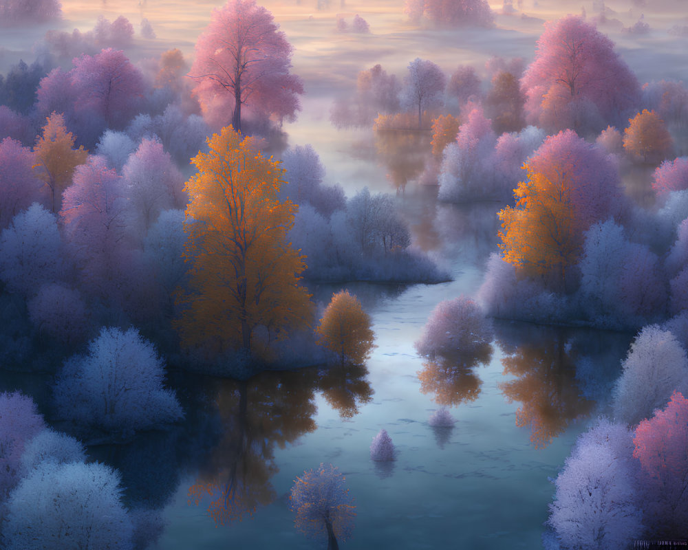 Misty waterway through frost-covered trees at sunrise