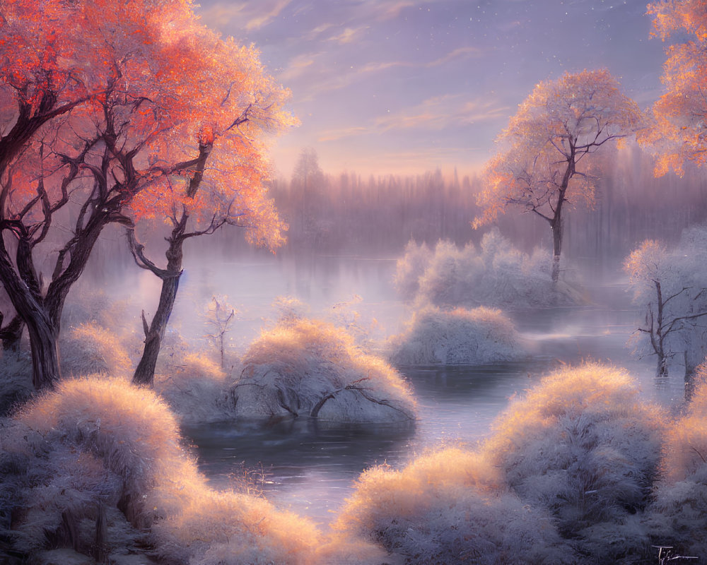 Frost-covered landscape at dawn with warm light on autumnal trees