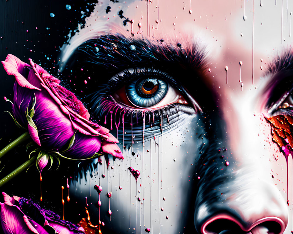 Colorful digital artwork: Close-up human eye with dripping effect and detailed flower