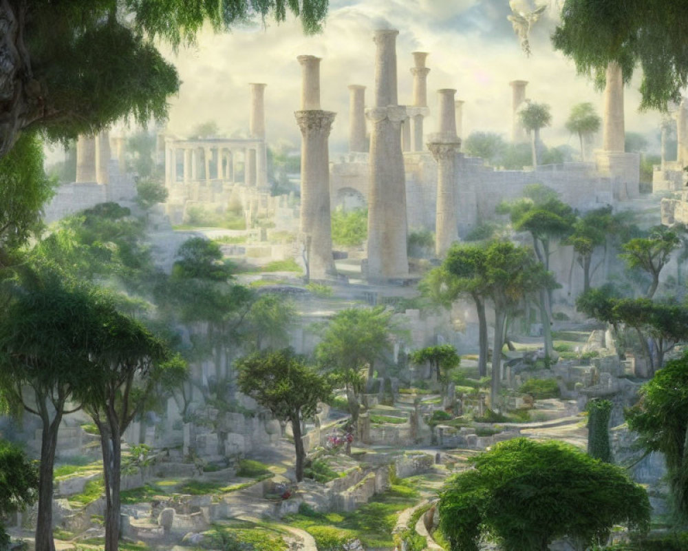 Towering columns in lush ancient ruins landscape