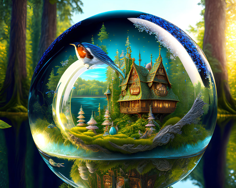 Crystal Ball with Bird Perched in Enchanted Forest Scene