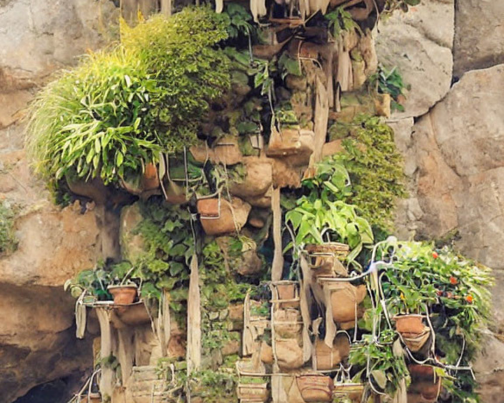 Vertical Garden on Rocky Surface with Potted Plants and Wooden Planters