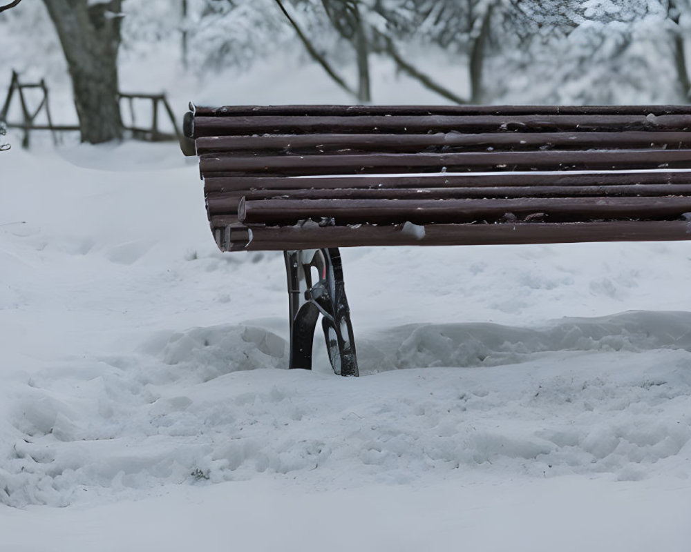 Snow-covered park with buried bench and winter trees