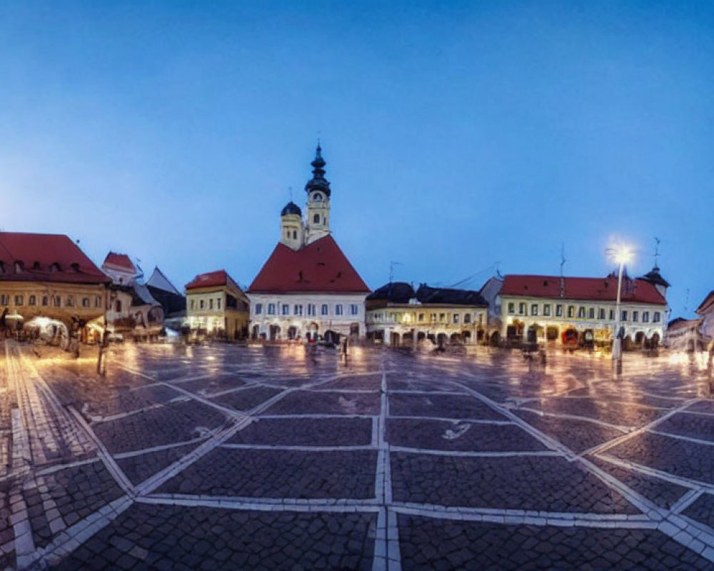 Traditional town square with cobblestones, buildings, and clock tower at dusk