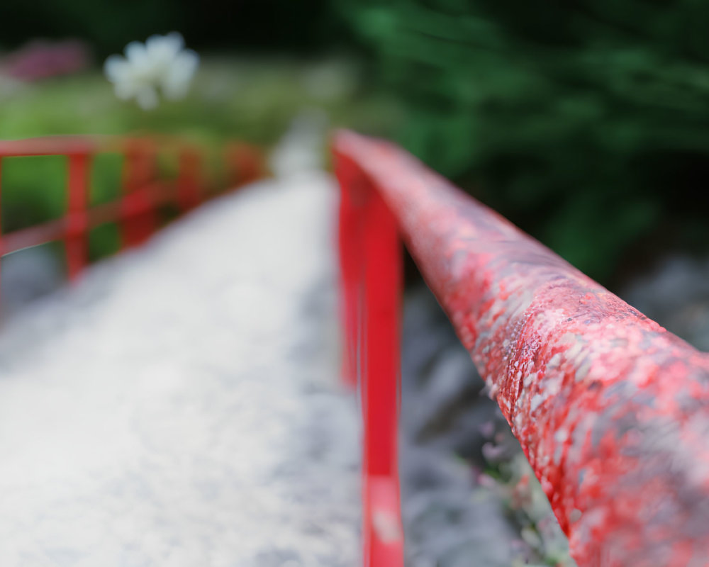 Weathered Red Handrail with Chipped Paint in Garden Setting