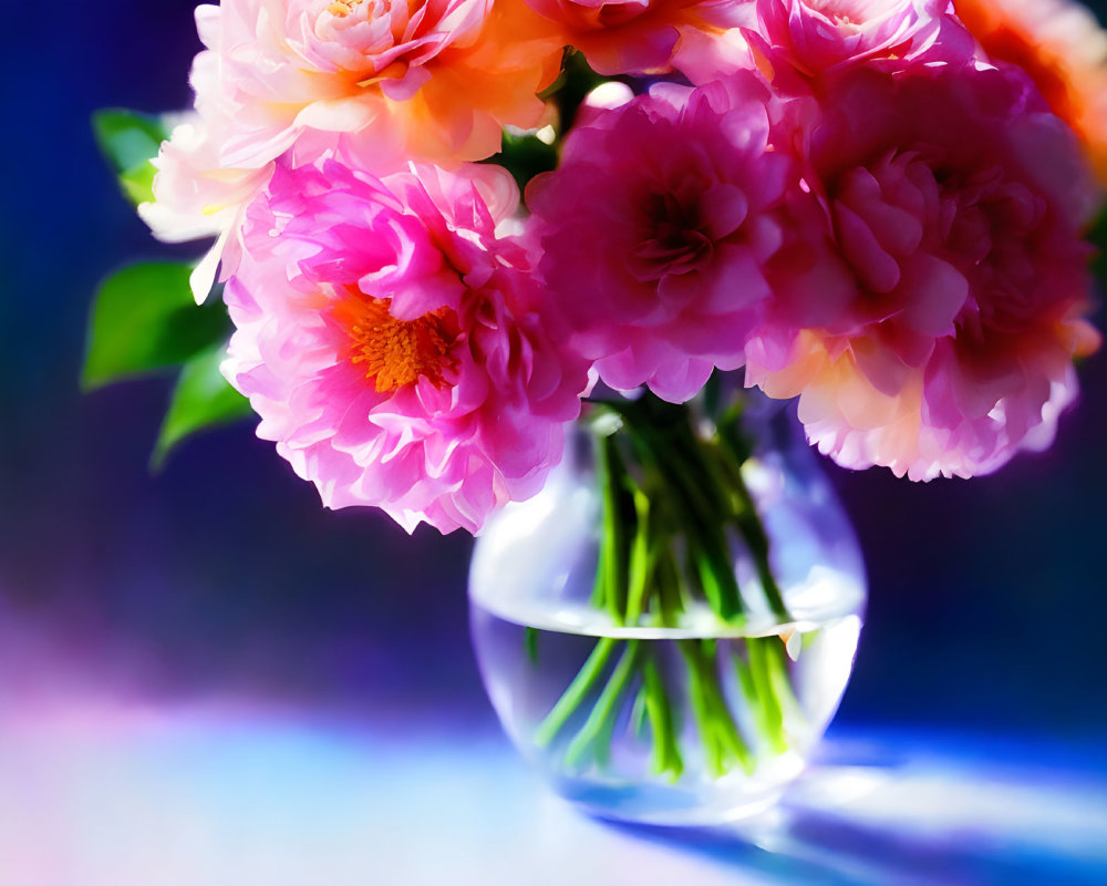 Pink Peonies Bouquet in Glass Vase on Blue and Purple Background