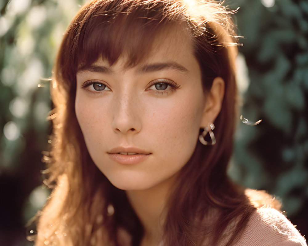 Portrait of woman with bangs, freckles, brown hair, pink top, hoop earrings,