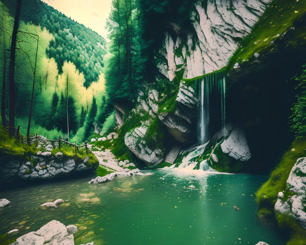 Tranquil waterfall cascading into green pond in lush landscape