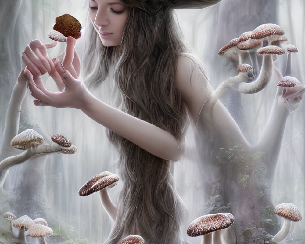 Woman with Mushroom Traits in Enchanted Forest Examining Small Mushroom