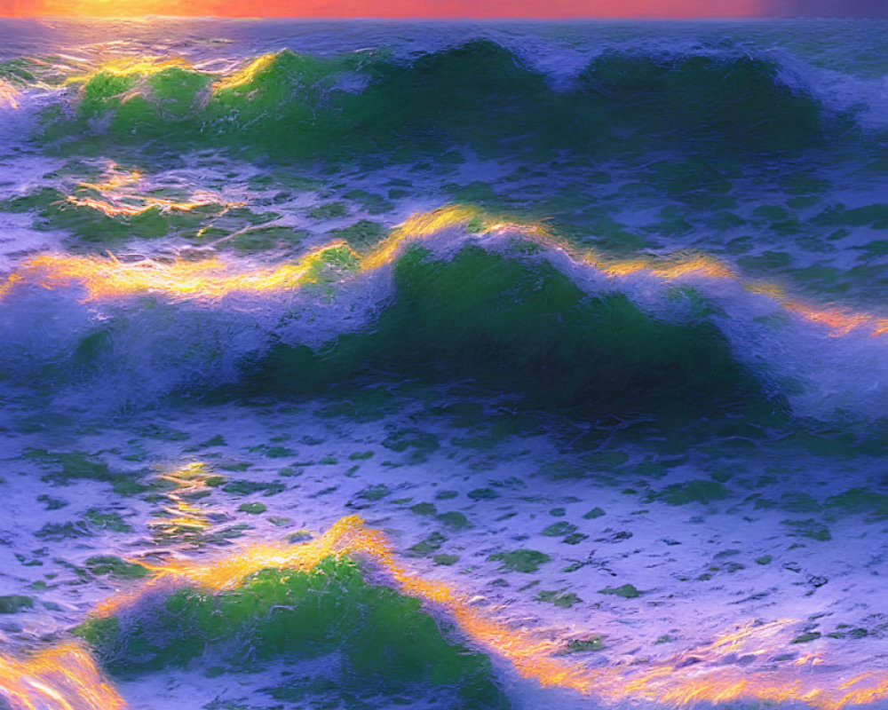 Vibrant orange hues in picturesque sunset over foamy sea waves