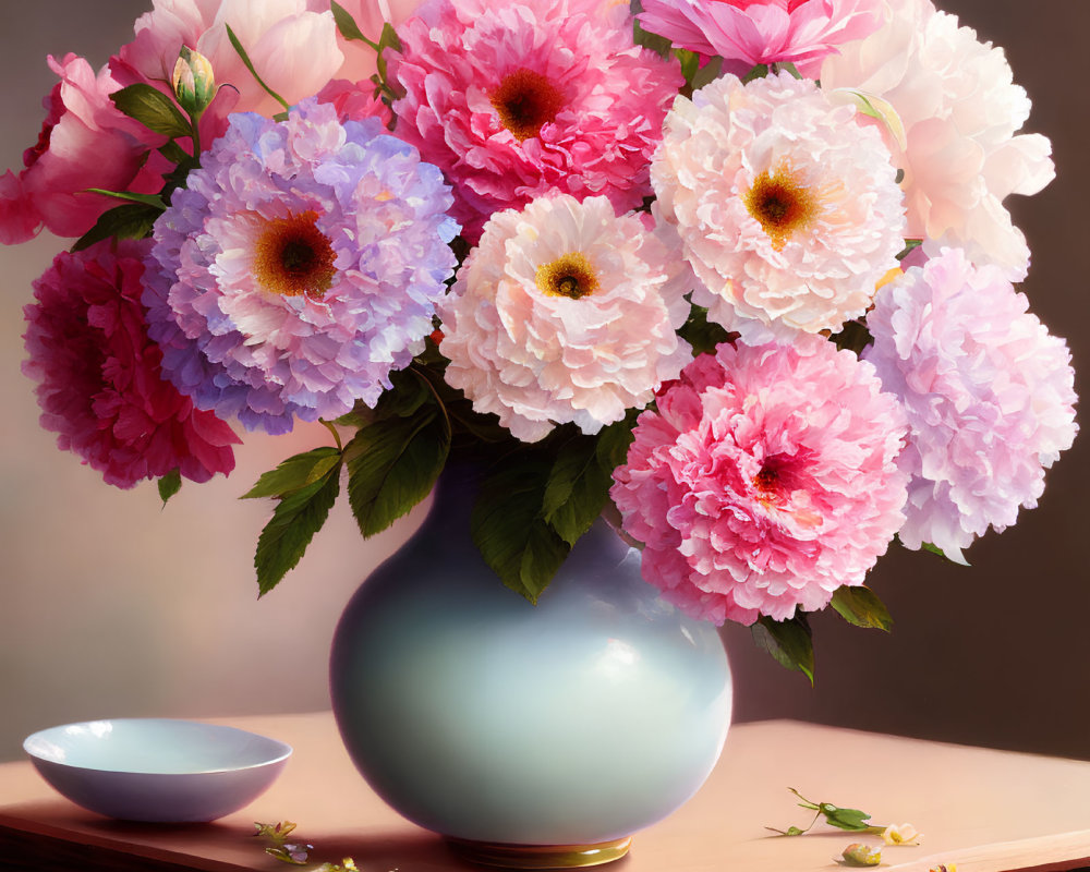 Colorful Peonies Bouquet in Blue Vase on Wooden Surface