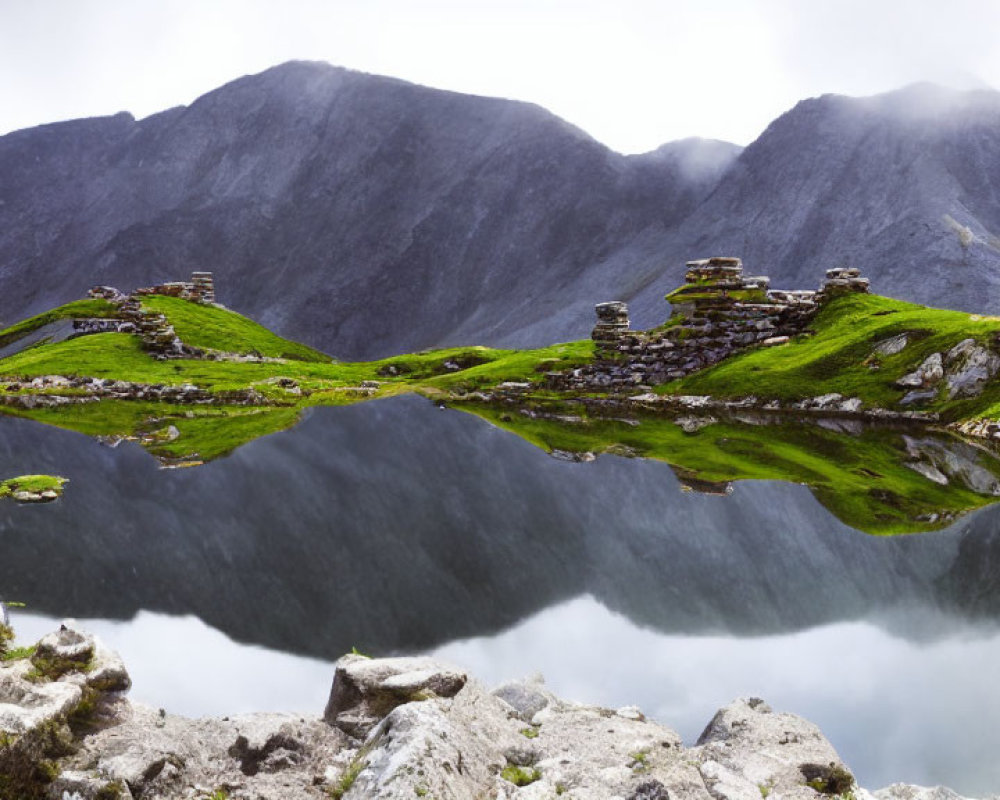 Ruined stone structures on lush green hillside with clear reflection in mountain lake surrounded by foggy peaks