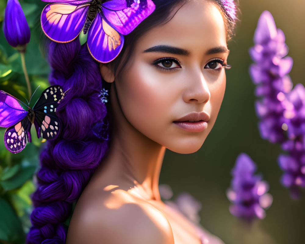 Woman with purple-streaked braided hair, butterflies, and flowers in soft-focus.