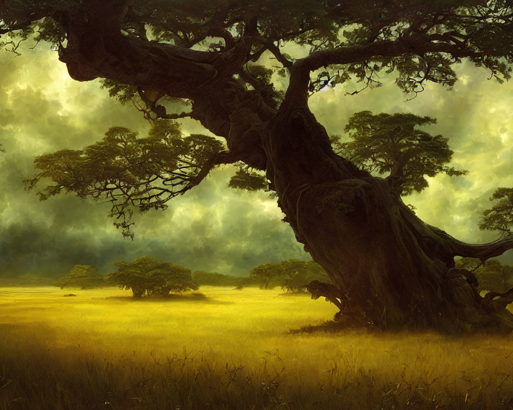 Ancient tree in mystical landscape under golden-lit sky