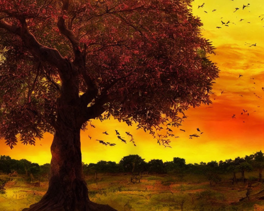 Majestic tree with red foliage in vibrant sunset with flying birds