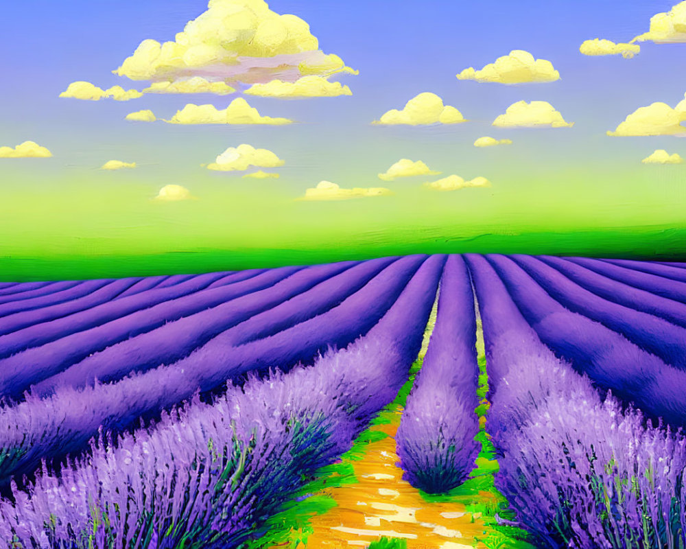 Colorful painting: Lavender field, stone path, bright sky with fluffy clouds