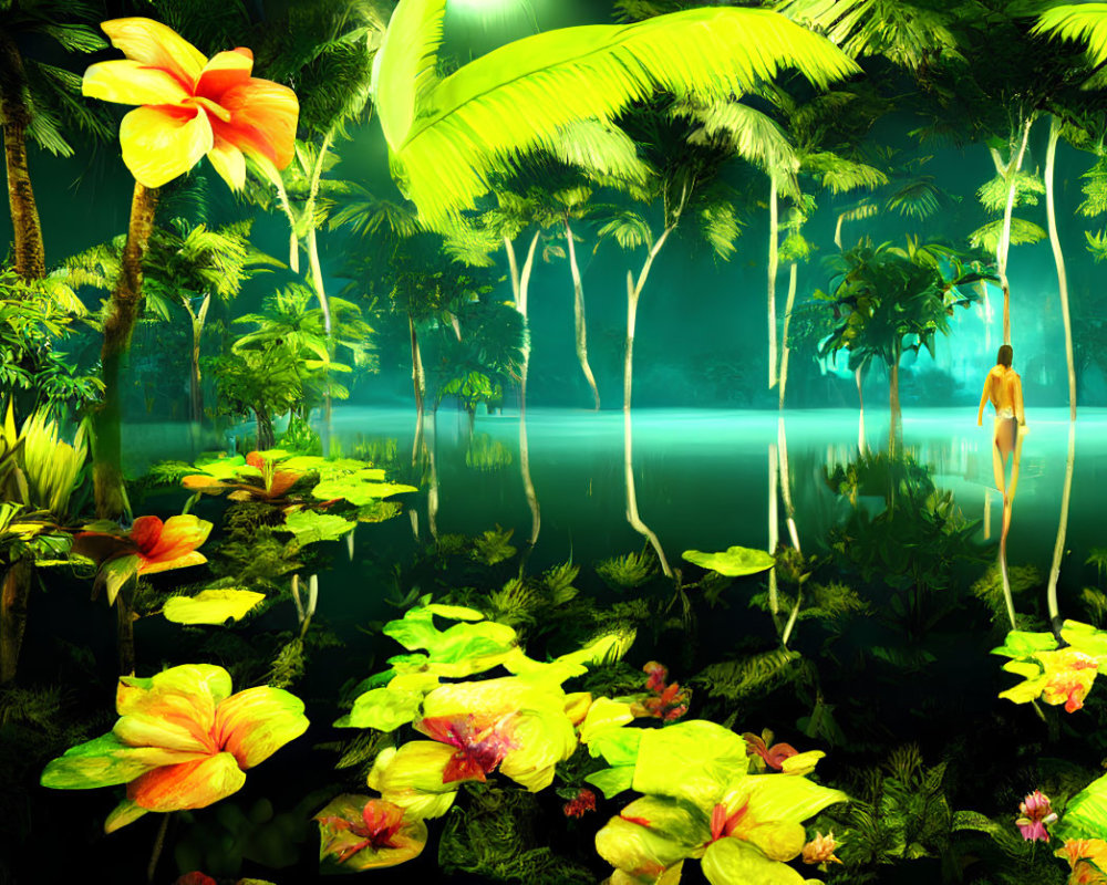 Tranquil tropical swamp with lush vegetation and person walking towards forest