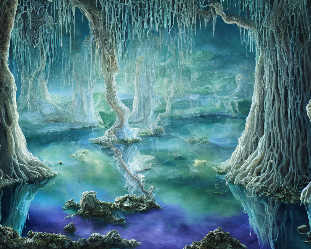 Ethereal underground cave with blue waters and glowing formations