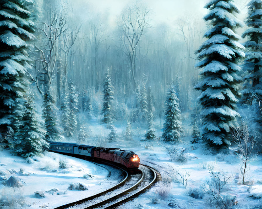 Vintage red train in snowy forest with misty ambiance