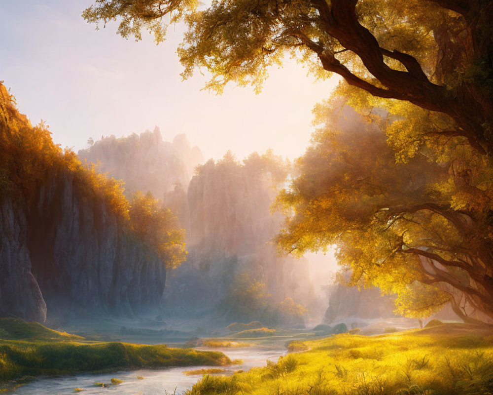 Tranquil landscape with river, cliffs, and golden light