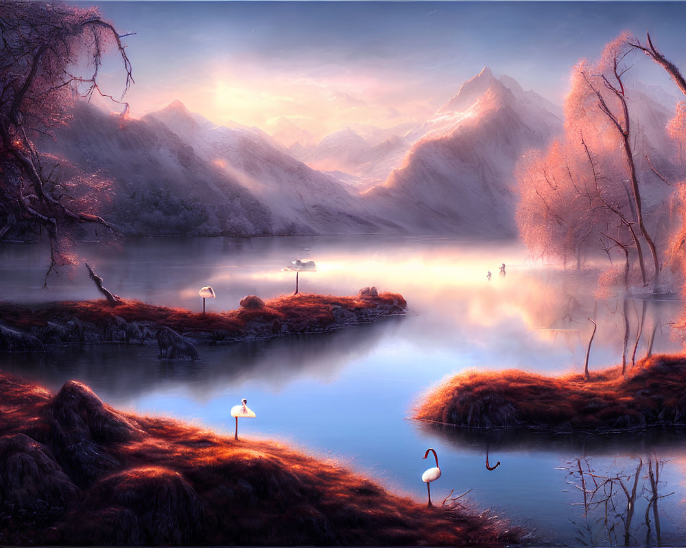 Tranquil lake landscape with swans, autumn trees, and mountains at sunrise or sunset