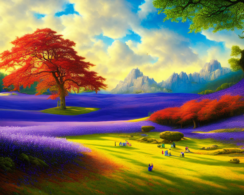 Colorful fantasy landscape with blue river, red tree, and distant mountains