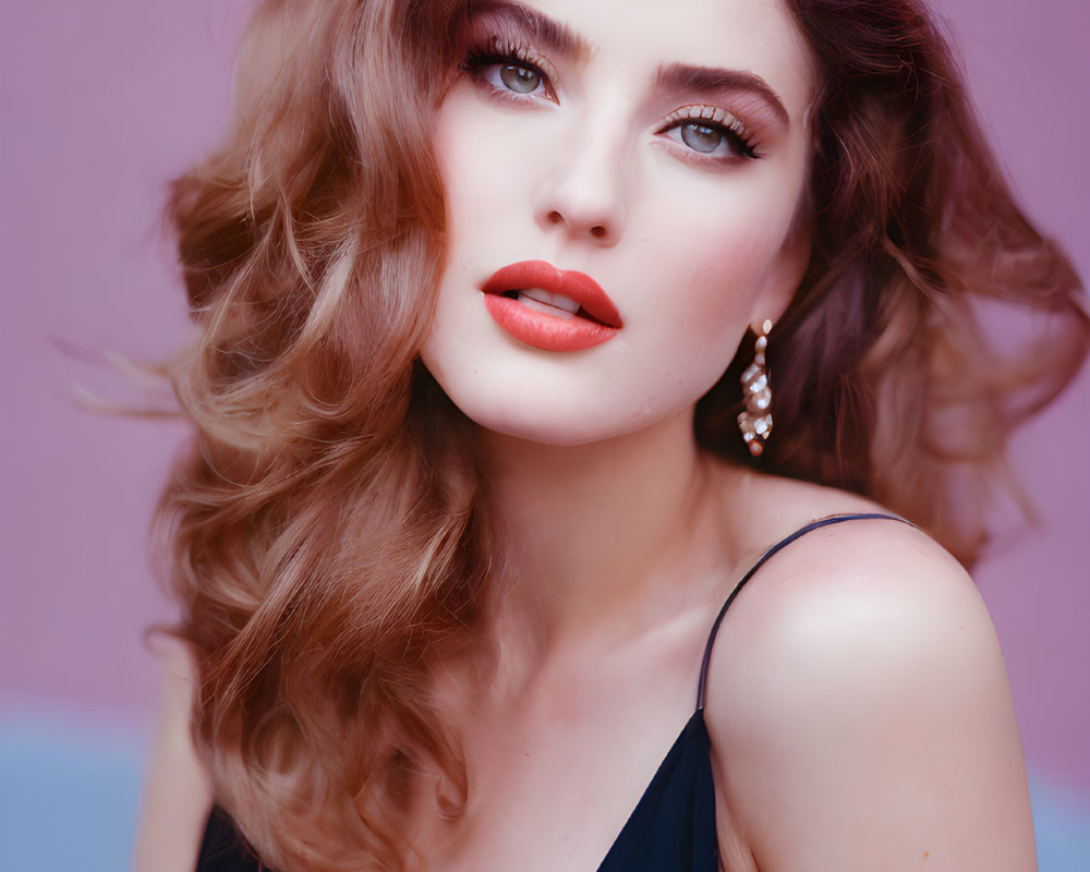 Portrait of a Woman with Curly Hair, Blue Eyes, Red Lipstick, Black Top, and