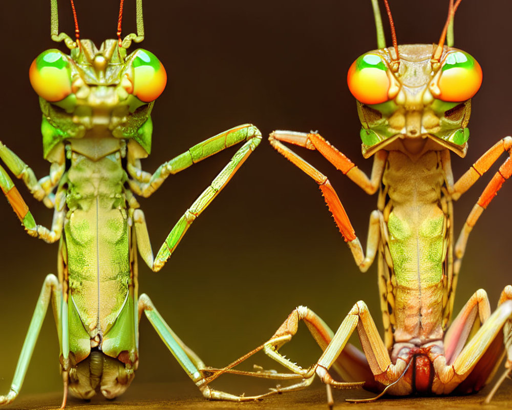 Colorful Praying Mantises Face Each Other on Warm Background