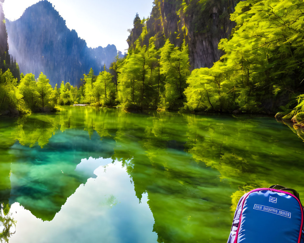 Tranquil lake scene with towering cliffs, lush greenery, kayak, and backpack