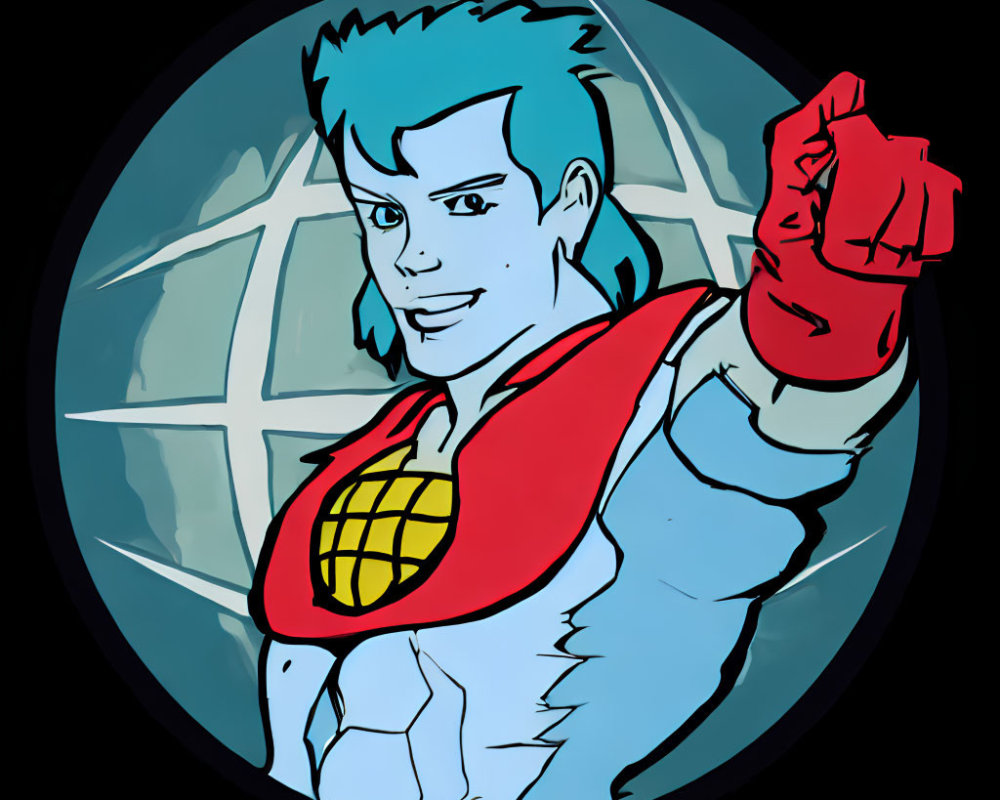 Superhero with Blue Hair and Red Cape Against Globe Background