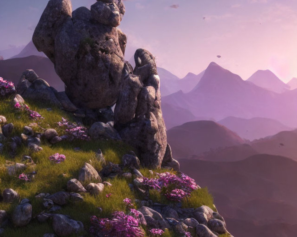 Tranquil landscape with grassy hill, rocks, and pink flowers at sunset