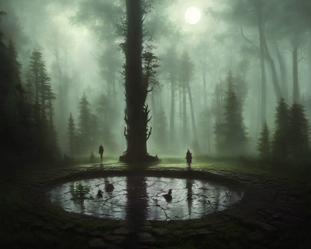 Mystical forest scene with large tree, silhouettes, pond, and glowing moon