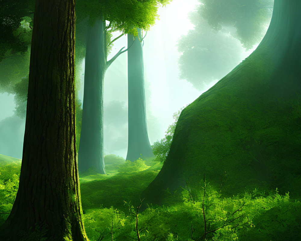 Lush Green Forest with Sunlight Filtering Through