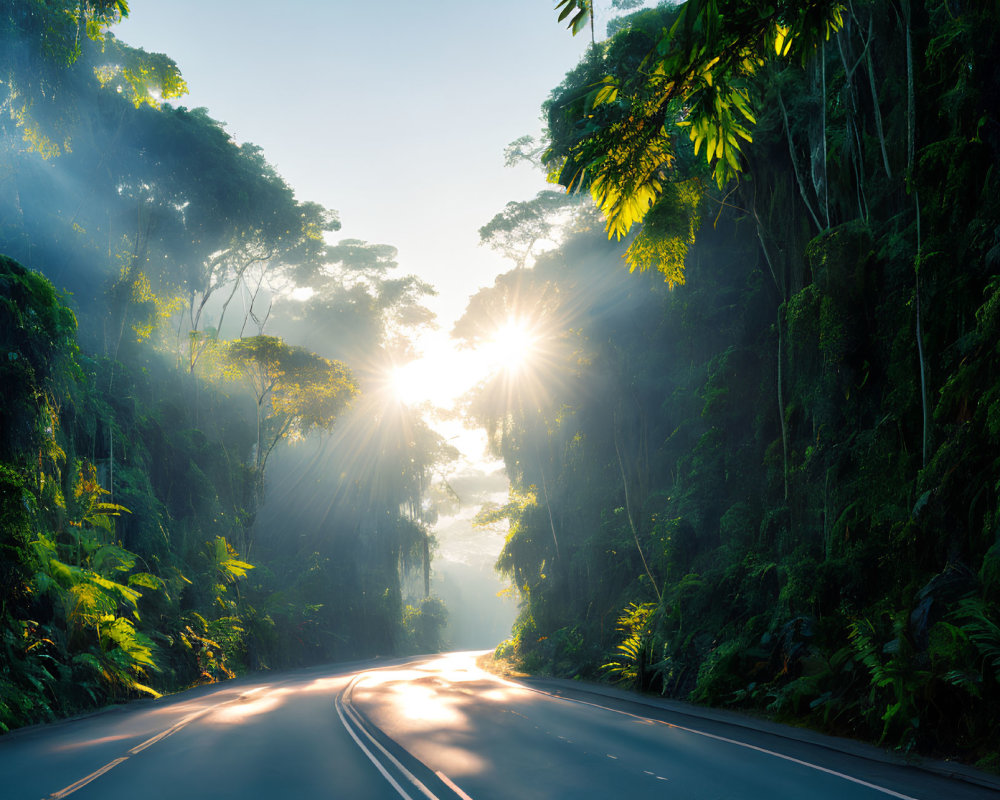 Misty sunrise over tropical rainforest road