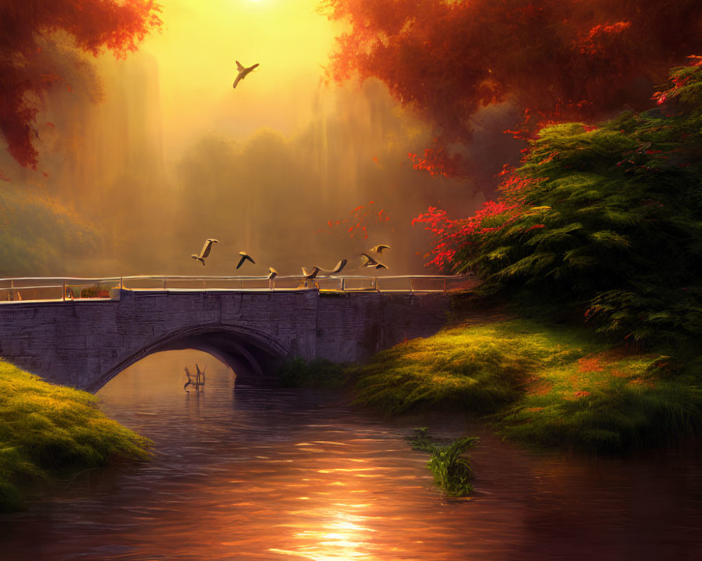 Tranquil sunset scene with birds, stone bridge, and autumn foliage