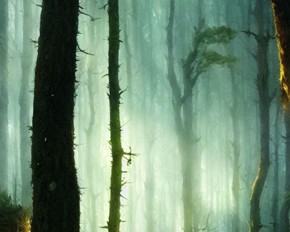 Person walking on sunlit path through mystical forest with towering trees