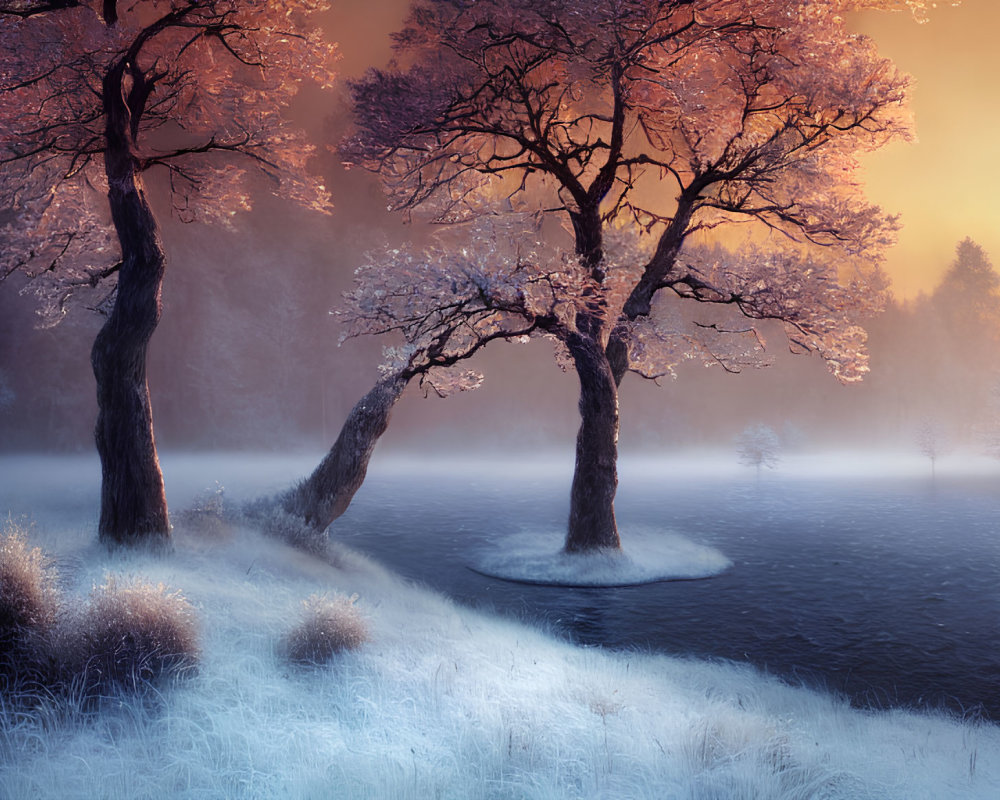 Snow-covered hill with bare trees in serene winter landscape