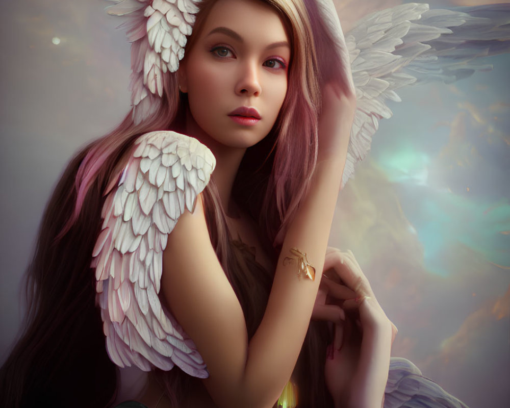 Portrait of woman with angelic wings and pink hair in dreamy setting