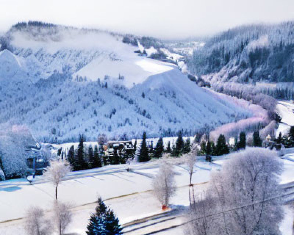 Snow-covered trees, curving road, buildings in winter landscape