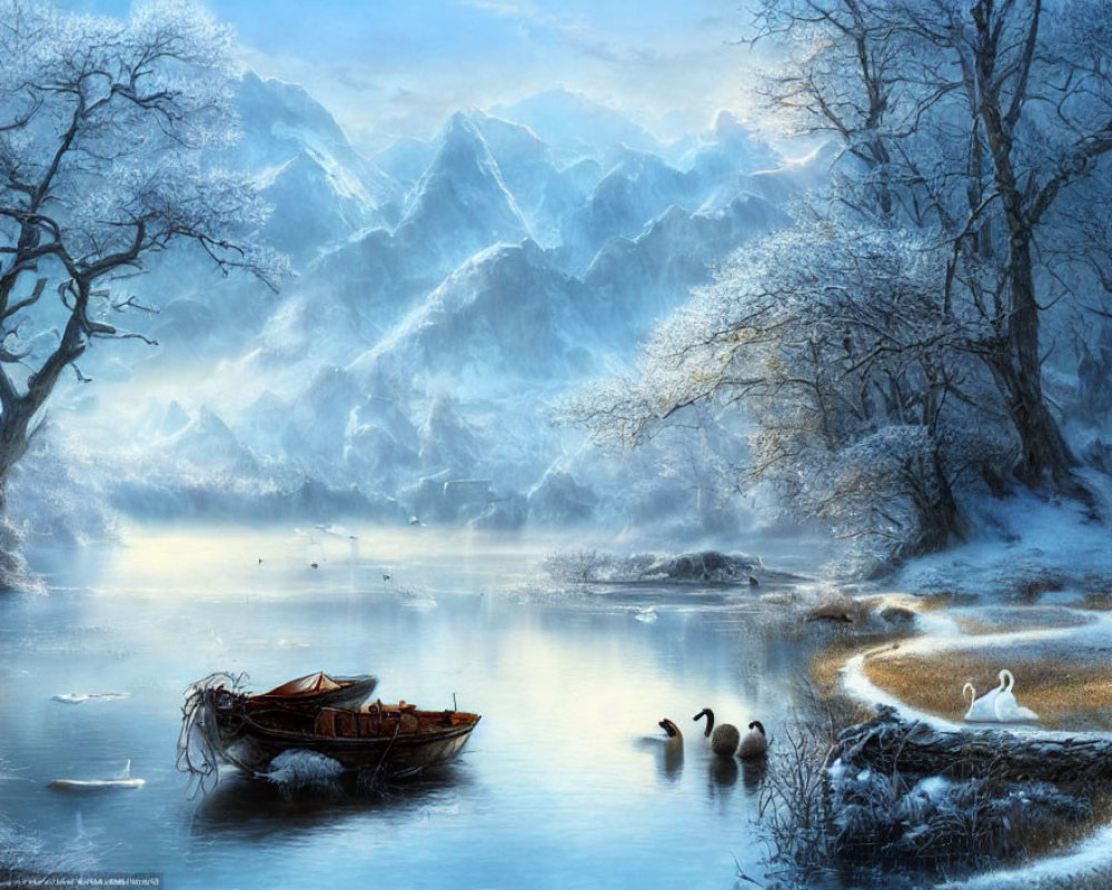 Snow-covered trees, misty lake, swans, and old boat in serene winter landscape