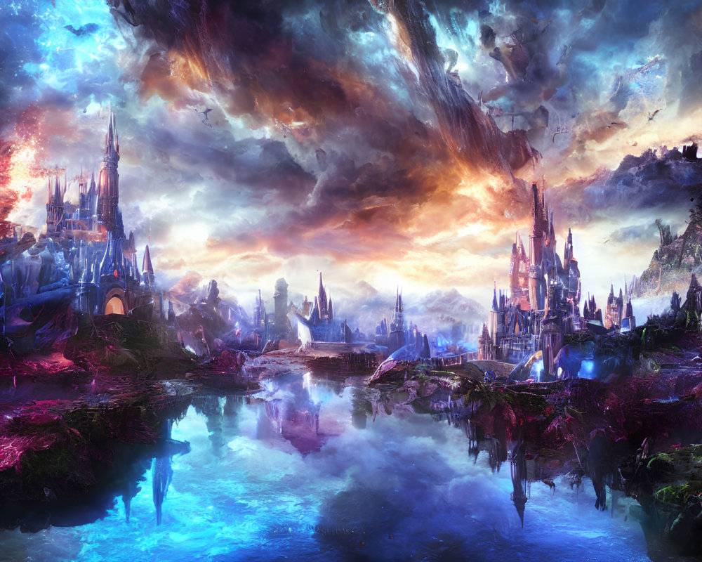 Vibrant skies, ethereal castles, and vivid architecture in fantastical landscape