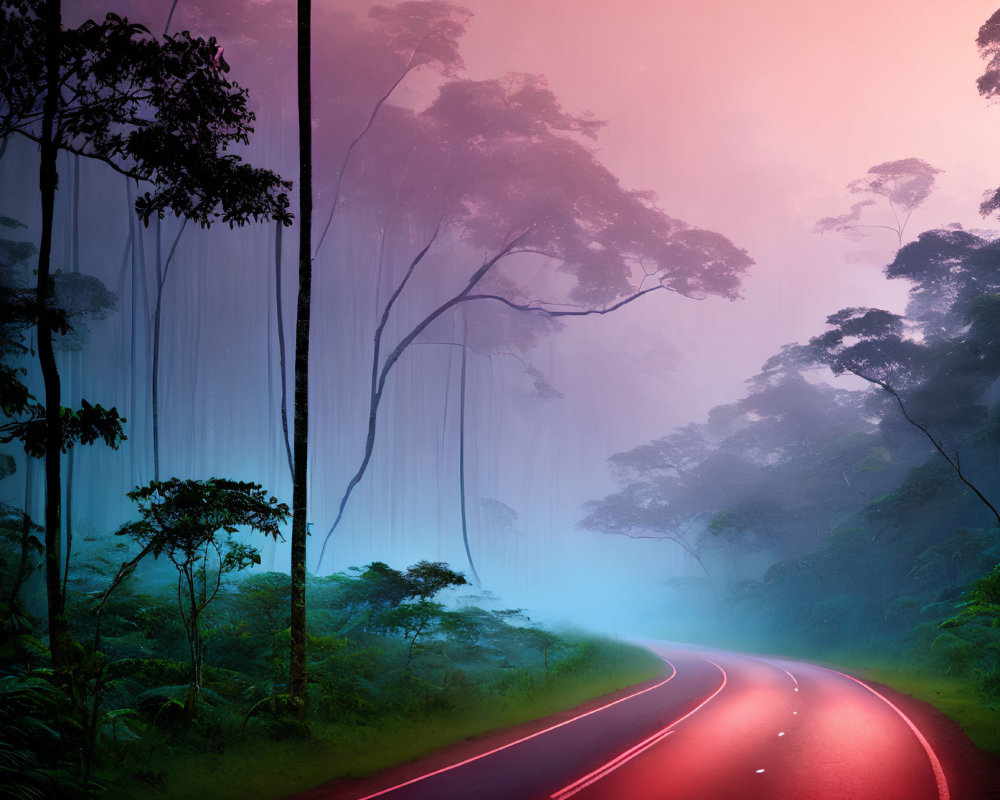 Scenic road through vibrant misty forest with blue to pink skies