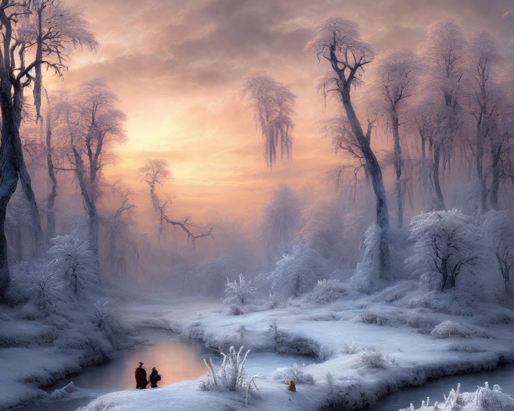 Snow-covered trees and frozen river in serene winter sunrise scene