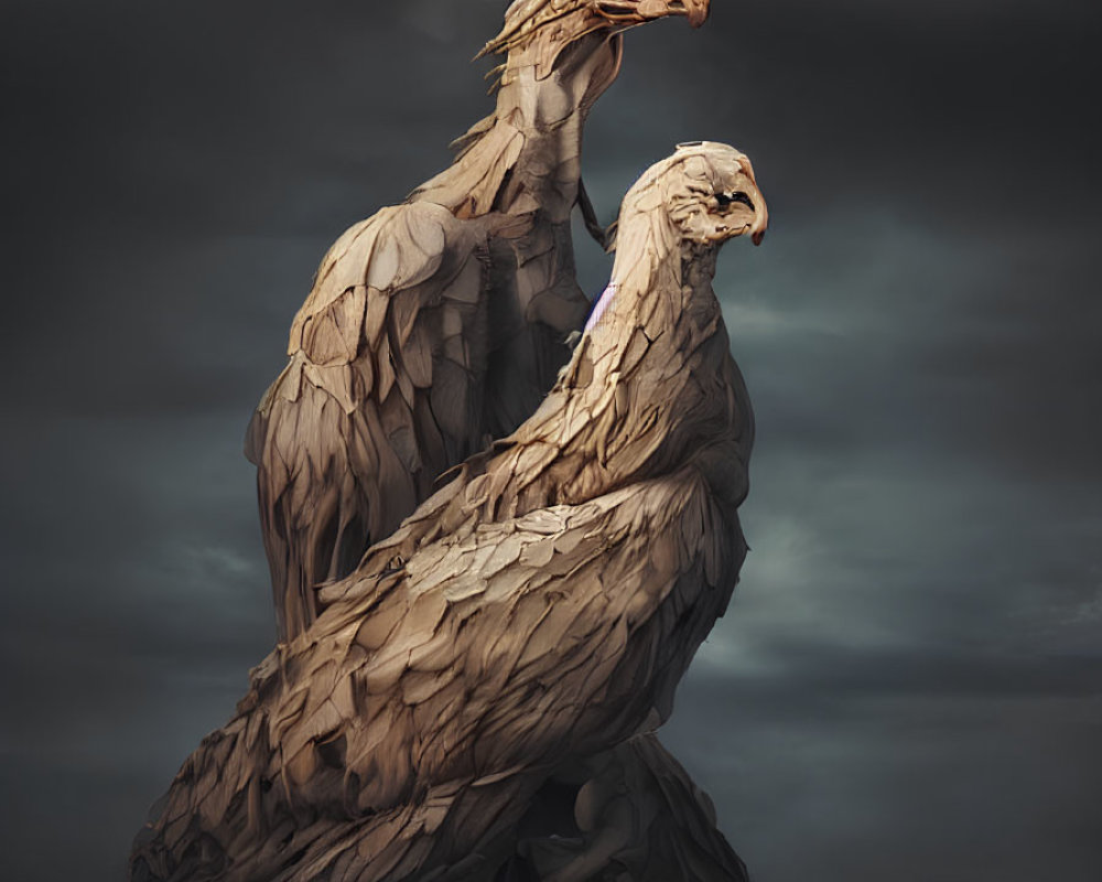 Digital artwork: Two vulture-like creatures under moody sky